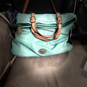 Vintage Fossil Green and Tan Shoulder Bag with Leather Accents